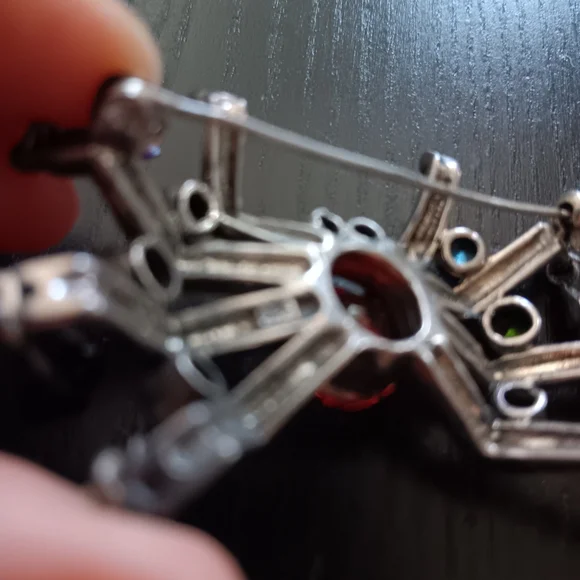 Sterling Silver Marcasite Multicolor Crystal Spider Brooch Vintage Whimsigoth